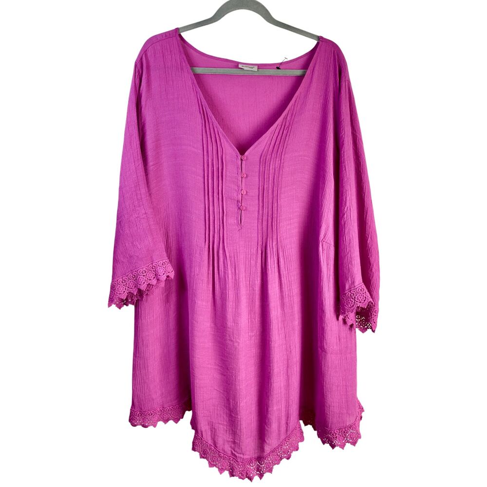 Avenue Tunic Top 26/28 4X Magenta Pink Boho Lace Trim Henley Pintuck Sharkbite